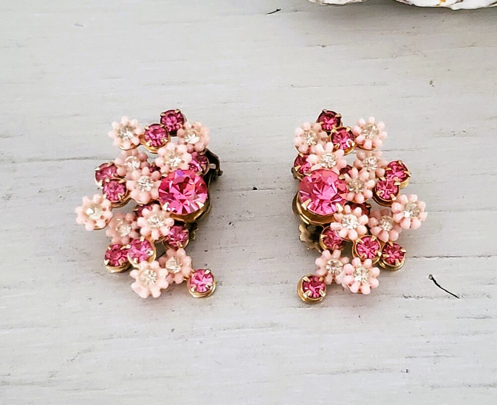 Vintage Leru Designer Pink and Cream Floral Earrings